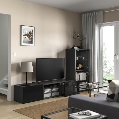 BESTÅ tv ünitesi, siyah, 240x42x129 cm, SELSVIKEN/FÄLLSVIK, fren raylı