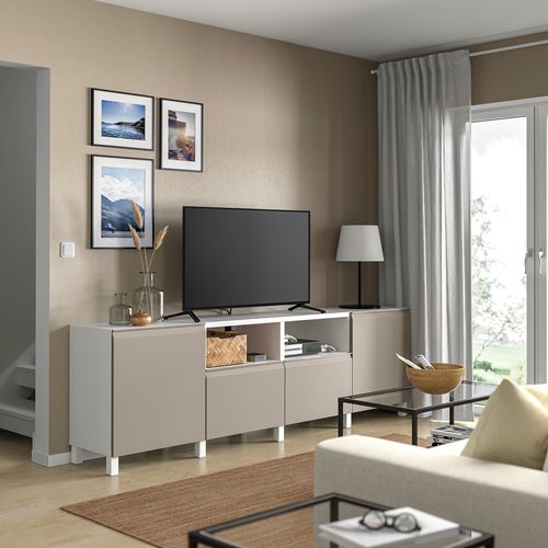 BESTÅ tv sehpası, beyaz-bej, 240x42x74 cm, HAMMARSMED, STUBBARP, fren raylı