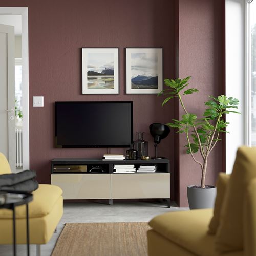 BESTÅ tv sehpası, venge-parlak cila-bej, 120x42x48 cm, SELSVIKEN, çıt çıt raylı