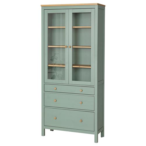 HEMNES vitrin, gri-yeşil-açık kahverengi, 90x197 cm