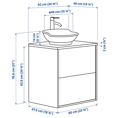 TÄNNFORSEN/TOLKEN/VÄSTERSJÖN lavabo dolabı kombinasyonu, açık gri-beyaz mermer görünüm, 62x49x79 cm, VOXNAN batarya