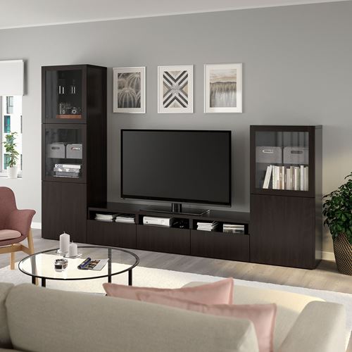 BESTÅ tv ünitesi, venge-siyah-kahverengi-şeffaf cam, 300x42x193 cm, LAPPVIKEN/SINDVIK, fren raylı