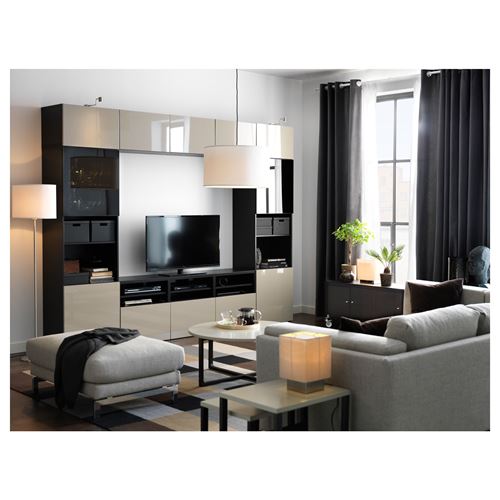 BESTÅ tv ünitesi, venge-parlak cila-bej-füme cam, 300x42x231 cm, SELSVIKEN/GLASSVIK, fren raylı