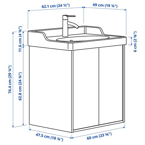 TÄNNFORSEN/RUTSJÖN lavabo dolabı kombinasyonu, açık gri, 62x49x74 cm, VOXNAN batarya