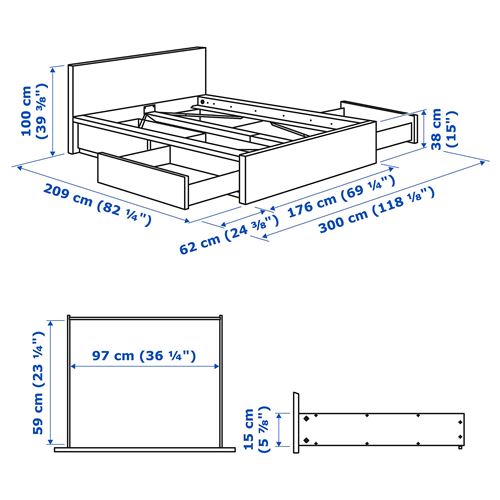 MALM/LURÖY çift kişilik baza, beyaz, 160x200 cm, 4 çekmeceli