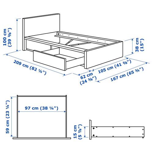 MALM/LINDBÅDEN tek kişilik baza, beyaz, 90x200 cm, 2 çekmeceli