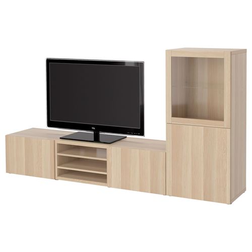 BESTÅ tv ünitesi, ağartılmış meşe görünümlü-beyaz meşe görünümlü-şeffaf cam, 240x42x129 cm, LAPPVIKEN/SINDVIK, çıt çıt raylı
