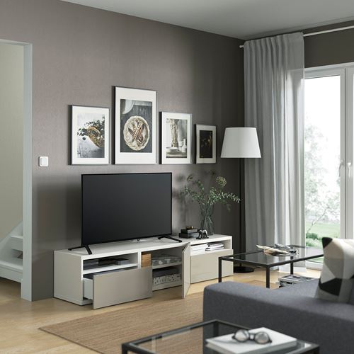 BESTÅ tv sehpası, beyaz-parlak cila-bej, 180x42x39 cm, SELSVIKEN, çıt çıt raylı