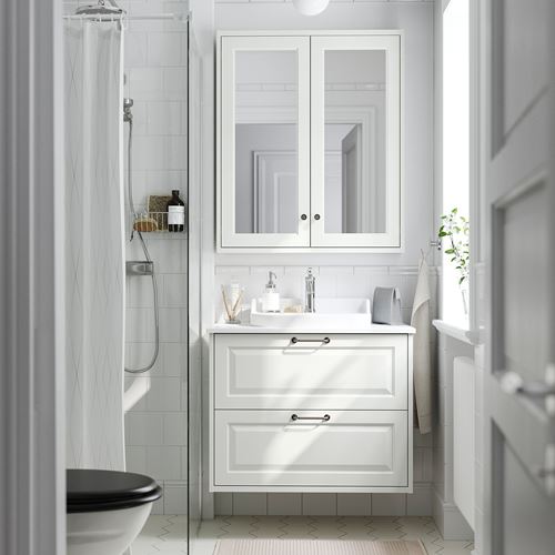 TÄNNFORSEN/TOLKEN/RUTSJÖN lavabo dolabı kombinasyonu, beyaz-beyaz mermer görünüm, 82x49x76 cm, HAMNSKAR batarya