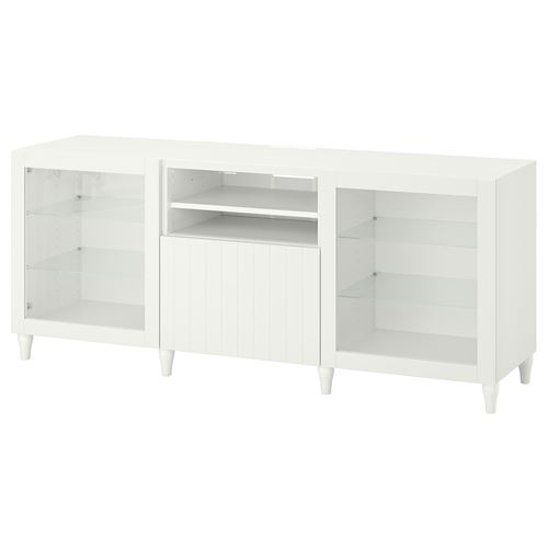 BESTÅ tv sehpası, beyaz-şeffaf cam, 180x42x74 cm, SUTTERVIKEN/SINDVIK, fren raylı