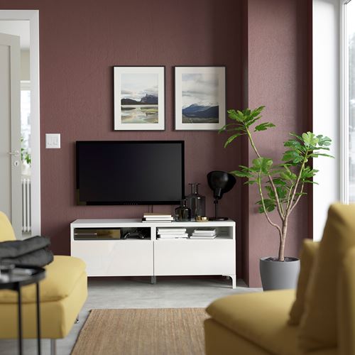 BESTÅ tv sehpası, parlak cila-beyaz, 120x42x48 cm, SELSVIKEN, fren raylı