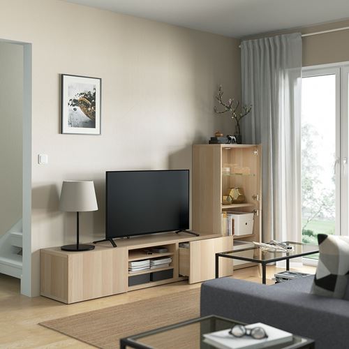 BESTÅ tv ünitesi, ağartılmış meşe görünümlü-beyaz meşe görünümlü-şeffaf cam, 240x42x129 cm, LAPPVIKEN/SINDVIK, çıt çıt raylı