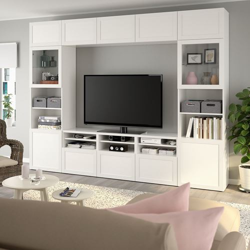 BESTÅ tv ünitesi, beyaz-şeffaf cam, 300x42x231 cm, HANVIKEN/SINDVIK, çıt çıt raylı