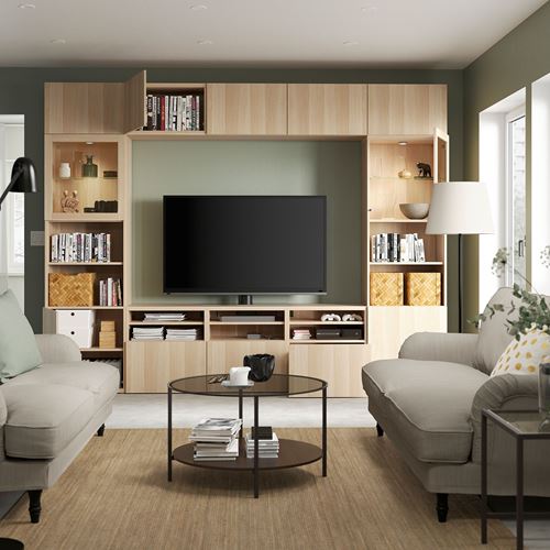 BESTÅ tv ünitesi, ağartılmış meşe görünümlü-beyaz meşe görünümlü-şeffaf cam, 300x42x231 cm, LAPPVIKEN/SINDVIK, çıt çıt raylı