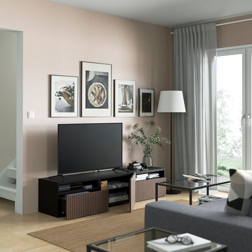 BESTÅ tv sehpası, venge-kahverengi meşe kaplama, 180x42x39 cm, BJORKOVIKEN, çıt çıt raylı