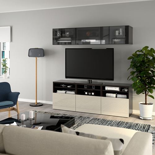 BESTÅ tv ünitesi, venge-parlak cila-bej-şeffaf cam, 180x42x192 cm, SELSVIKEN/GLASSVIK, fren raylı