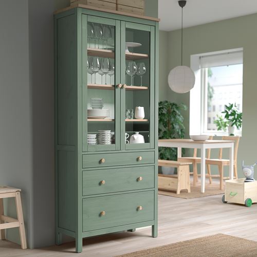 HEMNES vitrin, gri-yeşil-açık kahverengi, 90x197 cm