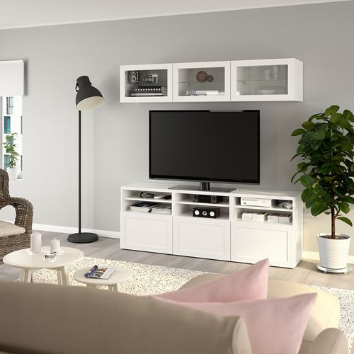 BESTÅ tv ünitesi, beyaz-şeffaf cam, 180x42x192 cm, HANVIKEN/SINDVIK, fren raylı