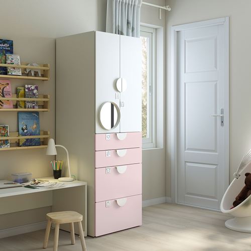 PLATSA/SMÅSTAD çocuk gardırobu, beyaz-uçuk pembe, 60x57x181 cm, 4 çekmeceli
