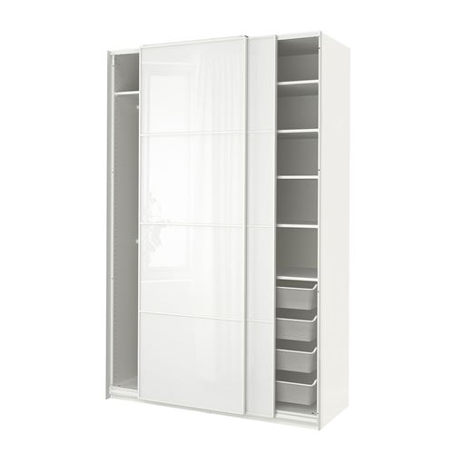 PAX/FÄRVIK PAX sürgü kapaklı gardırop, beyaz cam, 150x66x236 cm
