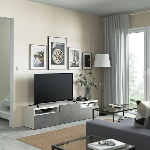 BESTÅ tv sehpası, beyaz-koyu gri, 180x42x39 cm, KALLVIKEN, fren raylı