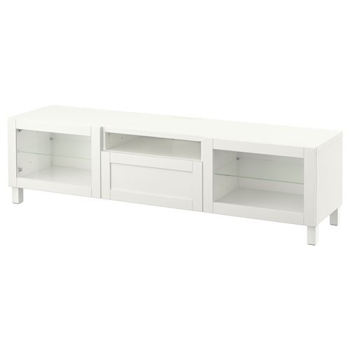 BESTÅ tv sehpası, beyaz-şeffaf cam, 180x42x48 cm, HANVIKEN/SINDVIK, fren raylı