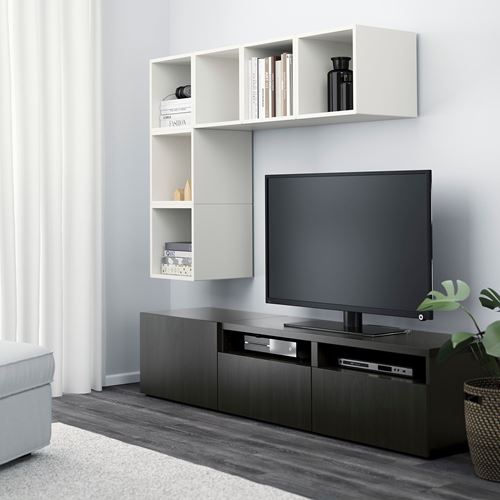 BESTÅ/EKET tv ünitesi, siyah-beyaz-kahverengi, 180x40x170 cm, LAPPVIKEN, çıt çıt raylı