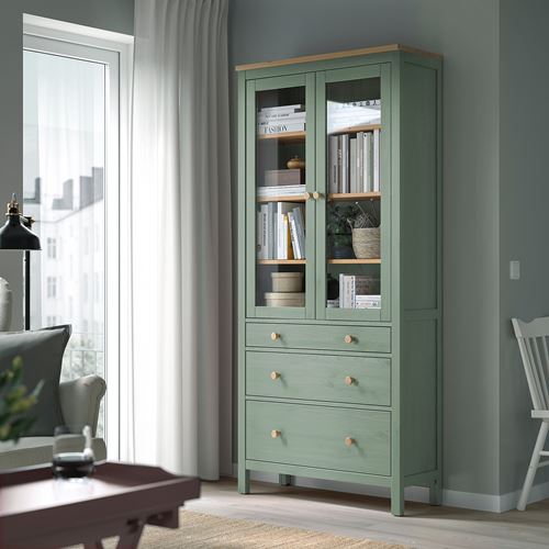 HEMNES vitrin, gri-yeşil-açık kahverengi, 90x197 cm