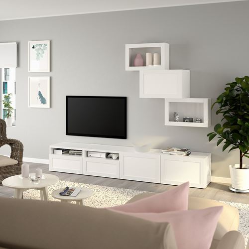 BESTÅ tv ünitesi, beyaz-şeffaf cam, 240x42x190 cm, HANVIKEN/SINDVIK, fren raylı