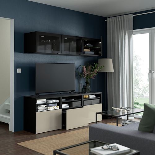 BESTÅ tv ünitesi, venge-parlak cila-bej-füme cam, 180x42x192 cm, SELSVIKEN/GLASSVIK, çıt çıt raylı