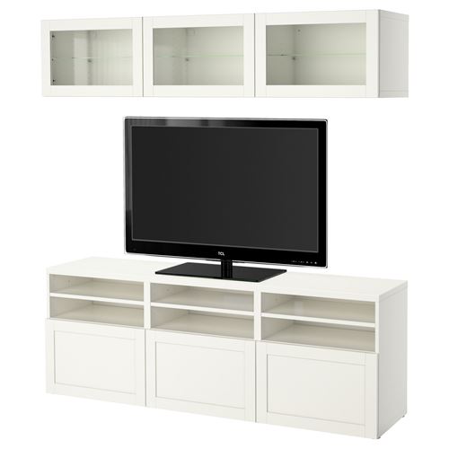 BESTÅ tv ünitesi, beyaz-şeffaf cam, 180x42x192 cm, HANVIKEN/SINDVIK, fren raylı