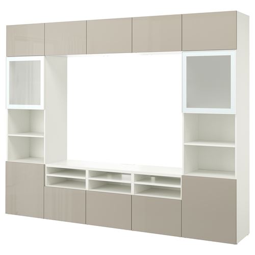 BESTÅ tv ünitesi, beyaz-parlak cila-bej, 300x42x231 cm, SELSVIKEN/GLASSVIK, fren raylı