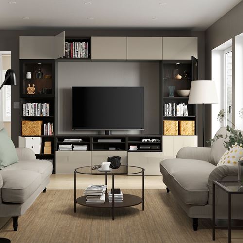BESTÅ tv ünitesi, venge-parlak cila-bej-şeffaf cam, 300x42x231 cm, SELSVIKEN/GLASSVIK, fren raylı