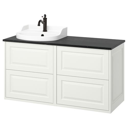TÄNNFORSEN/RUTSJÖN lavabo dolabı kombinasyonu, beyaz-siyah mermer görünüm, 122x49x76 cm, HAMNSKAR batarya