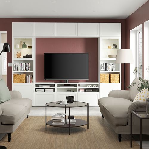 BESTÅ tv ünitesi, beyaz-şeffaf cam, 300x42x231 cm, HANVIKEN/SINDVIK, fren raylı