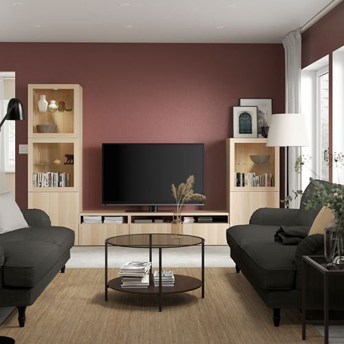 BESTÅ tv ünitesi, ağartılmış meşe görünümlü-beyaz meşe görünümlü-şeffaf cam, 300x42x193 cm, LAPPVIKEN/SINDVIK, çıt çıt raylı