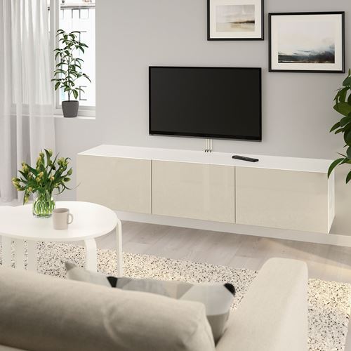 BESTÅ tv sehpası, beyaz-parlak cila-bej, 180x42x38 cm, SELSVIKEN