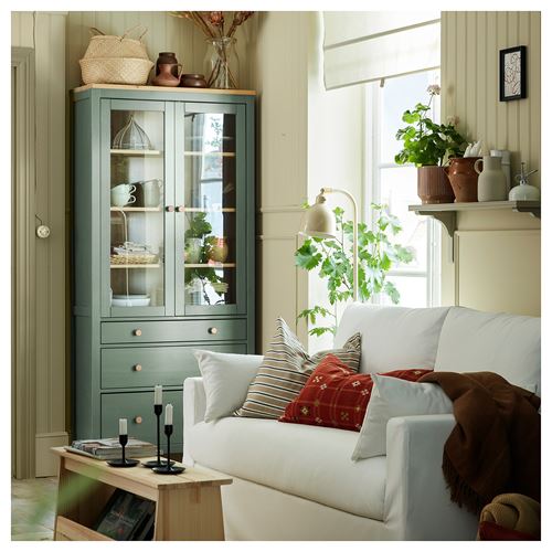 HEMNES vitrin, gri-yeşil-açık kahverengi, 90x197 cm