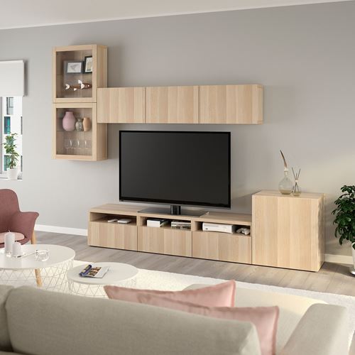 BESTÅ tv ünitesi, ağartılmış meşe görünümlü-beyaz meşe görünümlü-şeffaf cam, 300x42x211 cm, LAPPVIKEN/SINDVIK, çıt çıt raylı