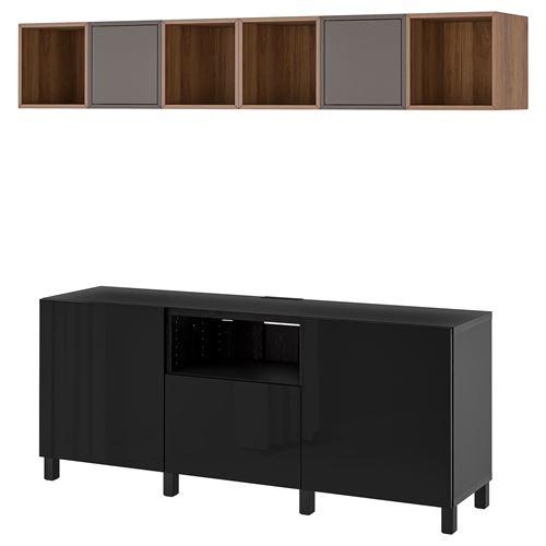 BESTÅ/EKET tv ünitesi, venge koyu gri-ceviz görünüm, 210x42x220 cm, SELSVIKEN, STUBBARP, çıt çıt raylı