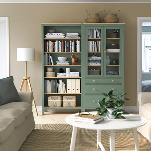 HEMNES vitrin, gri-yeşil-açık kahverengi boyalı, 180x197 cm