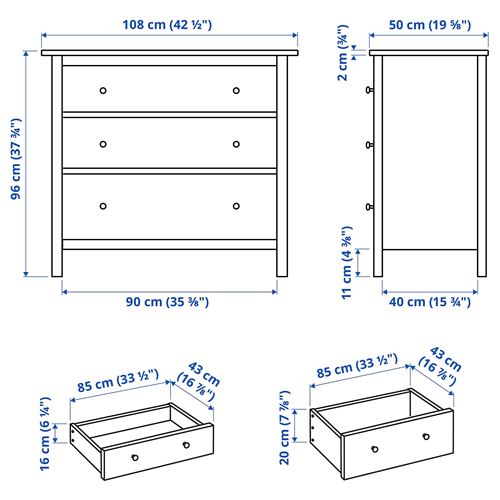HEMNES 3 çekmeceli şifonyer, gri-yeşil-açık kahverengi, 108x96 cm