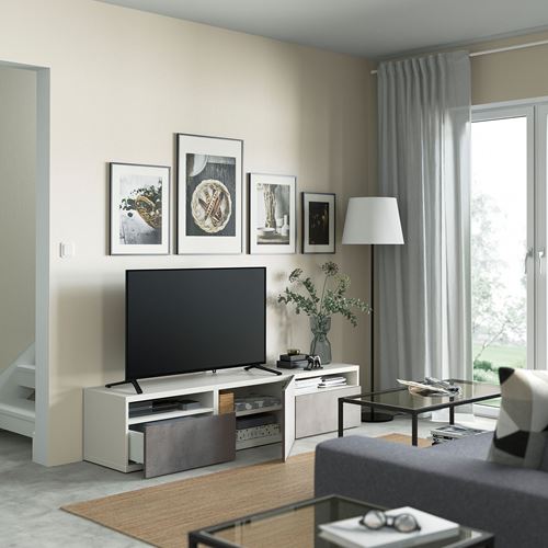 BESTÅ tv sehpası, beyaz-açık gri, 180x42x39 cm, KALLVIKEN, çıt çıt raylı