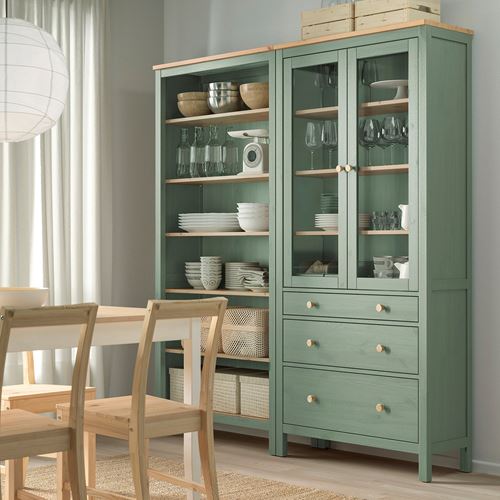 HEMNES vitrin, gri-yeşil-açık kahverengi boyalı, 180x197 cm