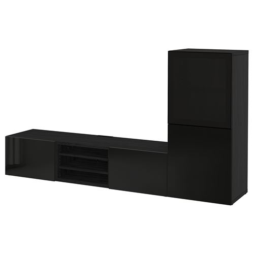 BESTÅ tv ünitesi, venge-parlak cila-siyah-füme cam, 240x42x129 cm, SELSVIKEN/GLASSVIK, fren raylı