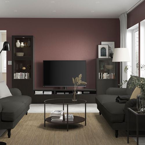 BESTÅ tv ünitesi, venge-siyah-kahverengi-şeffaf cam, 300x42x193 cm, LAPPVIKEN/SINDVIK, çıt çıt raylı