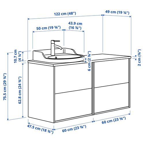 TÄNNFORSEN/TOLKEN/RUTSJÖN lavabo dolabı kombinasyonu, açık gri-siyah mermer görünüm, 122x49x76 cm, HAMNSKAR batarya
