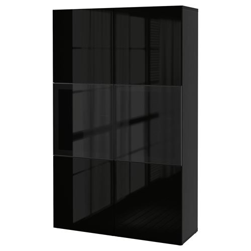 BESTÅ dolap kombinasyonu, venge-parlak cila-siyah-füme cam, 120x42x193 cm, SELSVIKEN/GLASSVIK
