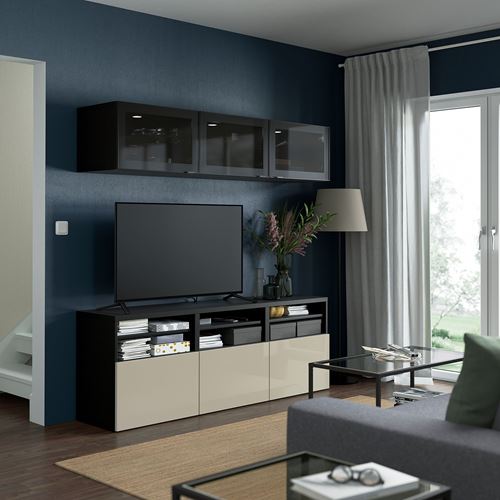 BESTÅ tv ünitesi, venge-parlak cila-bej-füme cam, 180x42x192 cm, SELSVIKEN/GLASSVIK, çıt çıt raylı