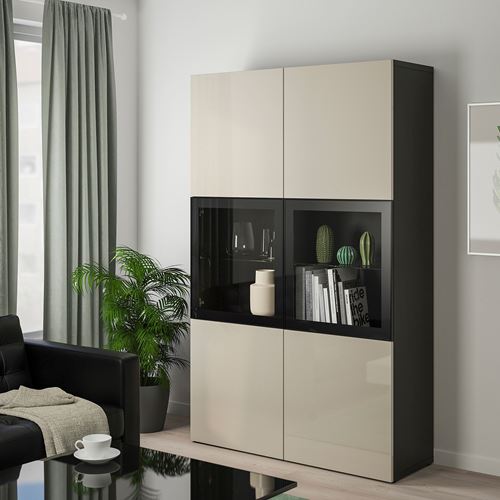 BESTÅ dolap kombinasyonu, venge-parlak cila-bej-şeffaf cam, 120x42x193 cm, SELSVIKEN/GLASSVIK